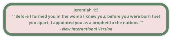 Jeremiah 1:5 “"Before I formed you in the womb I knew you, before you were born I set you apart; I appointed you as a prophet to the nations."” - New International Version